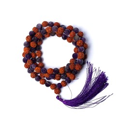 Mala in Legno Sacro Rudraksha ed Ametista
