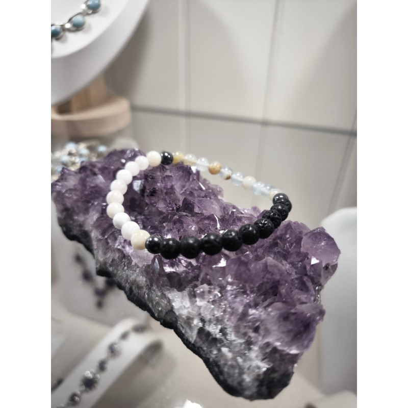 Protezione Calcedonio blu, Pietra di Luna, Ematite e Pietra Lavica ( uomo )