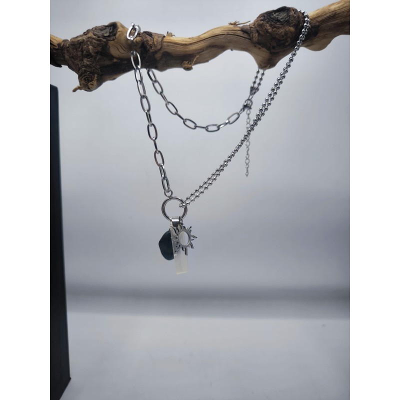 Collana Acciaio Sun protezione con Selenite e Smeraldo