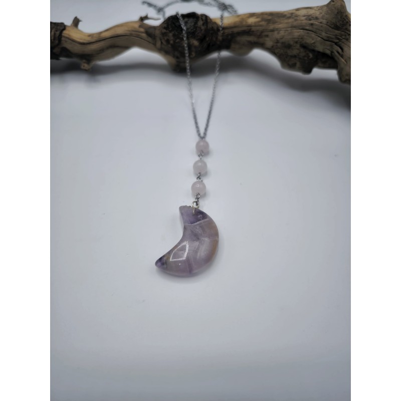 Collana Acciaio Moon protezione con Ametista e Quarzo Rosa