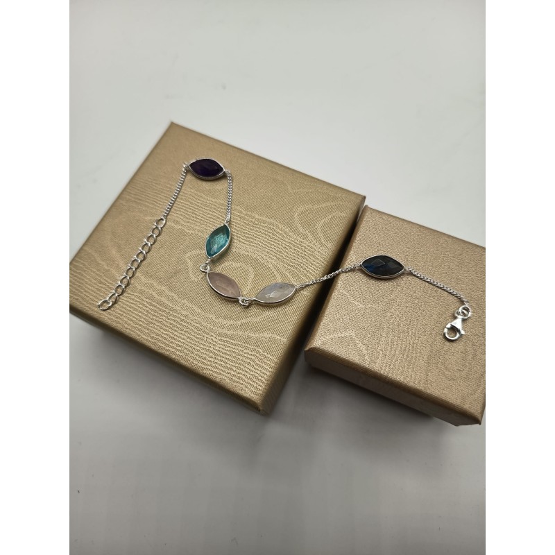Bracciale mix Foglia Quarzo rosa + Labradorite+ Ametista + Topazio
